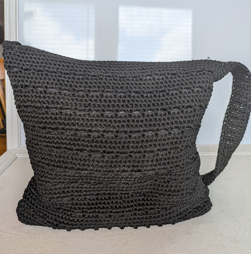 The Sak Black Crochet Shoulder Bag Boho Knit Hobo Crossbody Purse